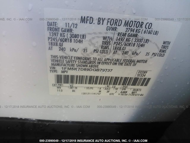 1FM5K7D89DGB79737 - 2013 FORD EXPLORER XLT WHITE photo 9