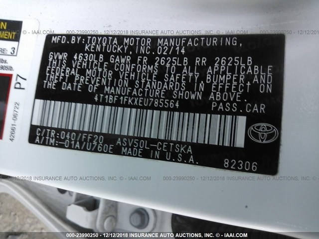 4T1BF1FKXEU785564 - 2014 TOYOTA CAMRY L/SE/LE/XLE 白色 照片 9