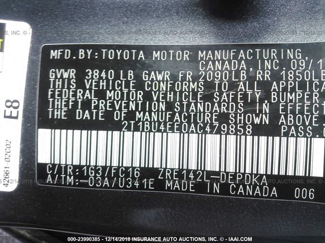 2T1BU4EE0AC479858 - 2010 TOYOTA COROLLA S/LE/XLE GRAY photo 9