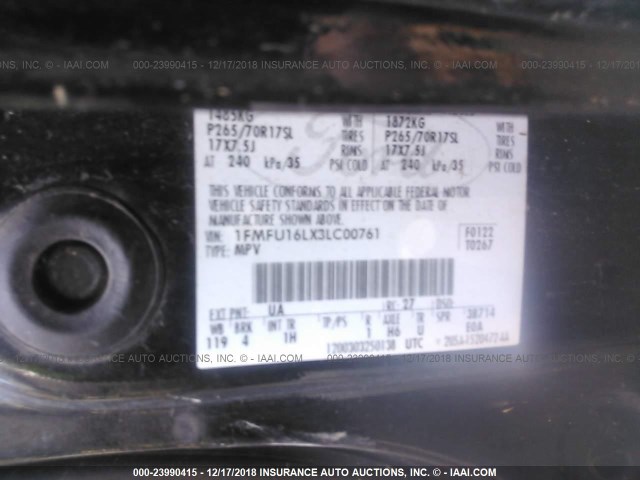 1FMFU16LX3LC00761 - 2003 FORD EXPEDITION XLT BLACK photo 9