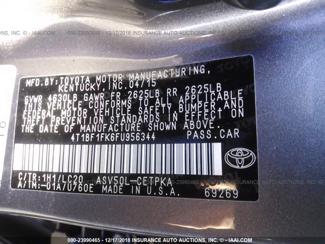 4T1BF1FK6FU956344 - 2015 TOYOTA CAMRY LE/XLE/SE/XSE GRAY photo 9