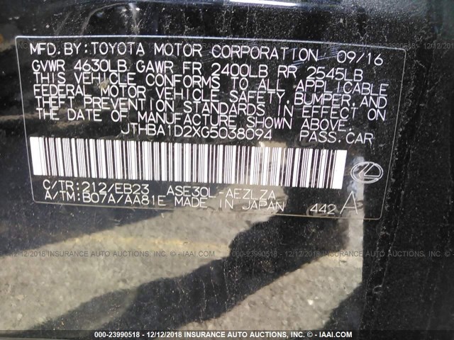 JTHBA1D2XG5038094 - 2016 LEXUS IS 200T BLACK photo 9