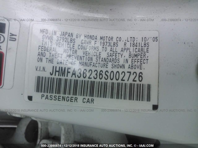 JHMFA36236S002726 - 2006 HONDA CIVIC HYBRID WHITE photo 9