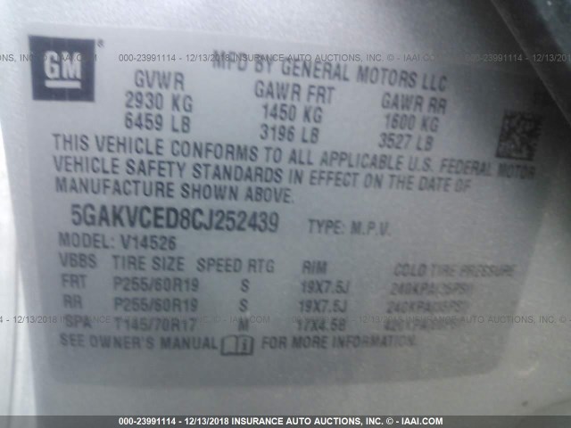 5GAKVCED8CJ252439 - 2012 BUICK ENCLAVE GRAY photo 9