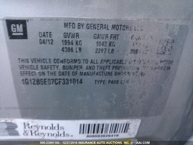 1G1ZB5E07CF331014 - 2012 CHEVROLET MALIBU LS 银色 照片 9
