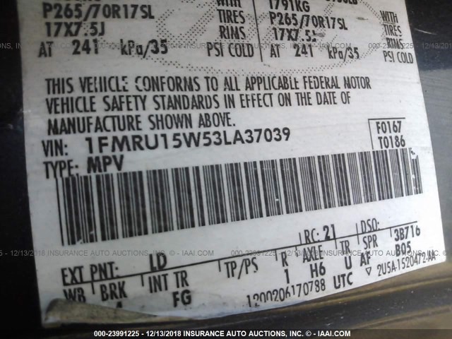 1FMRU15W53LA37039 - 2003 FORD EXPEDITION XLT BLUE photo 9