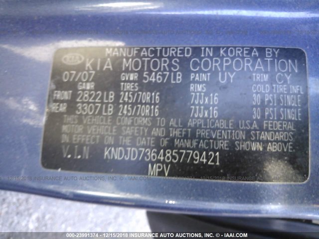 KNDJD736485779421 - 2008 KIA SORENTO EX/LX BLUE photo 9