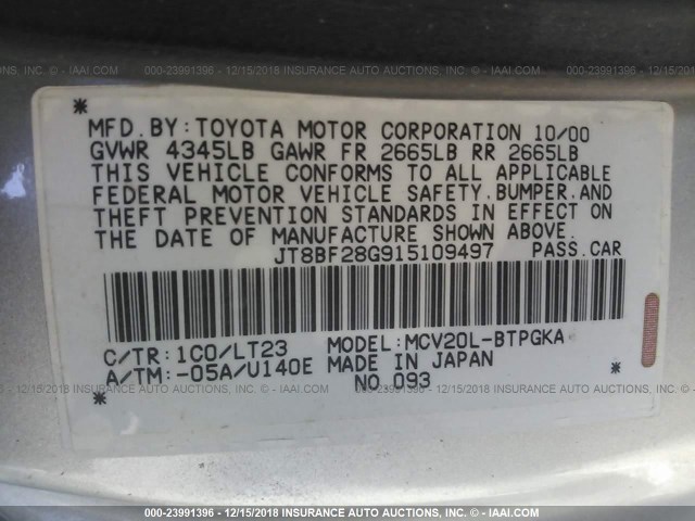 JT8BF28G915109497 - 2001 LEXUS ES 300 SILVER photo 9