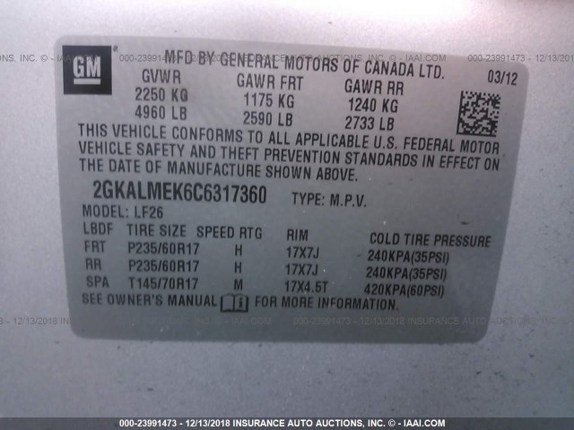 2GKALMEK6C6317360 - 2012 GMC TERRAIN SLE SILVER photo 9