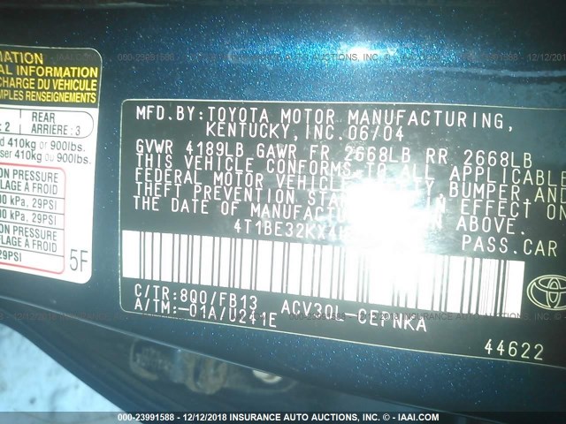 4T1BE32KX4U379416 - 2004 TOYOTA CAMRY LE/XLE/SE BLUE photo 9