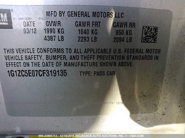 1G1ZC5E07CF319135 - 2012 CHEVROLET MALIBU 1LT GRAY photo 9