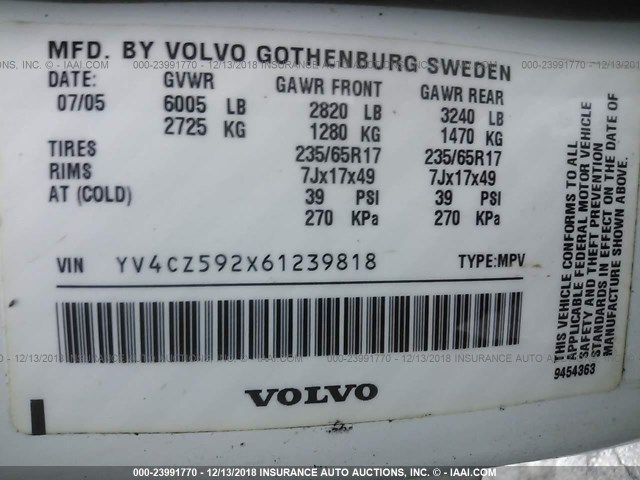 YV4CZ592X61239818 - 2006 VOLVO XC90 WHITE photo 9