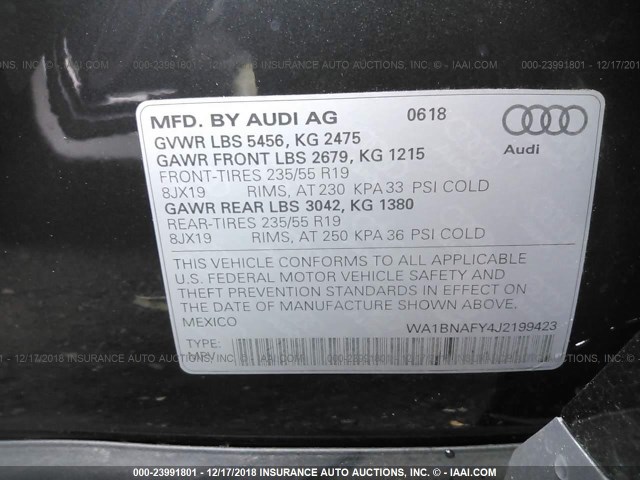 WA1BNAFY4J2199423 - 2018 AUDI Q5 PREMIUM PLUS GRAY photo 9