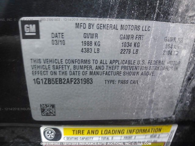 1G1ZB5EB2AF231983 - 2010 CHEVROLET MALIBU LS 黑色 照片 9