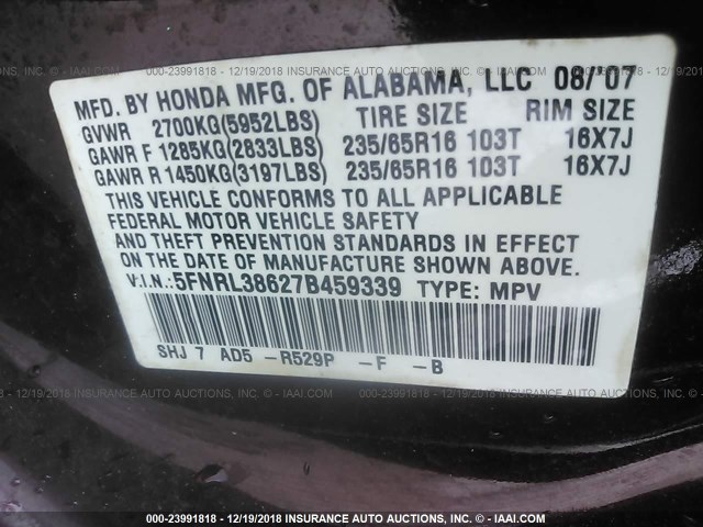 5FNRL38627B459339 - 2007 HONDA ODYSSEY EXL MAROON photo 9