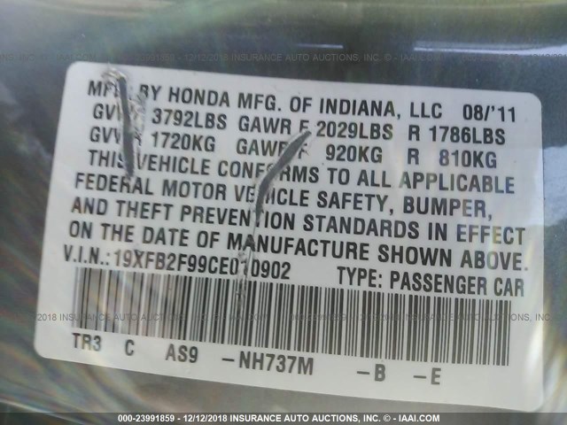 19XFB2F99CE010902 - 2012 HONDA CIVIC EXL GRAY photo 9