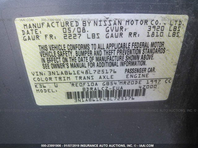 3N1AB61E48L725176 - 2008 NISSAN SENTRA 2.0/2.0S/2.0SL GRAY photo 9