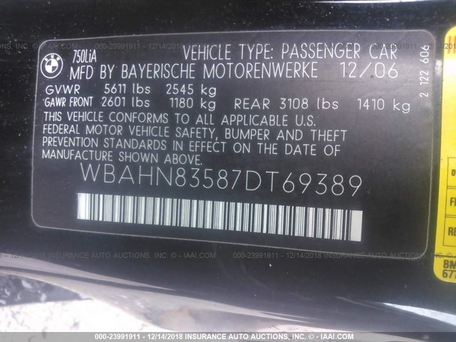 WBAHN83587DT69389 - 2007 BMW 750 BLACK photo 9