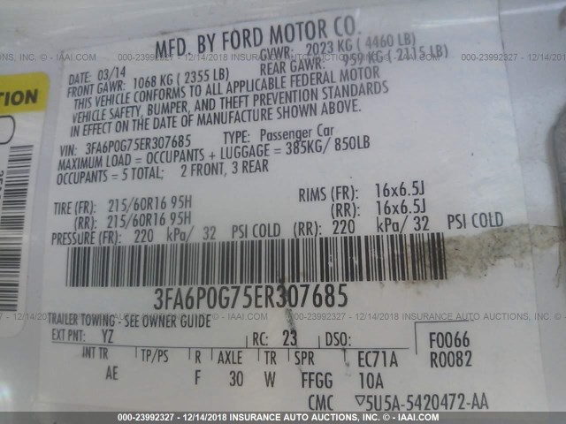 3FA6P0G75ER307685 - 2014 FORD FUSION S WHITE photo 9