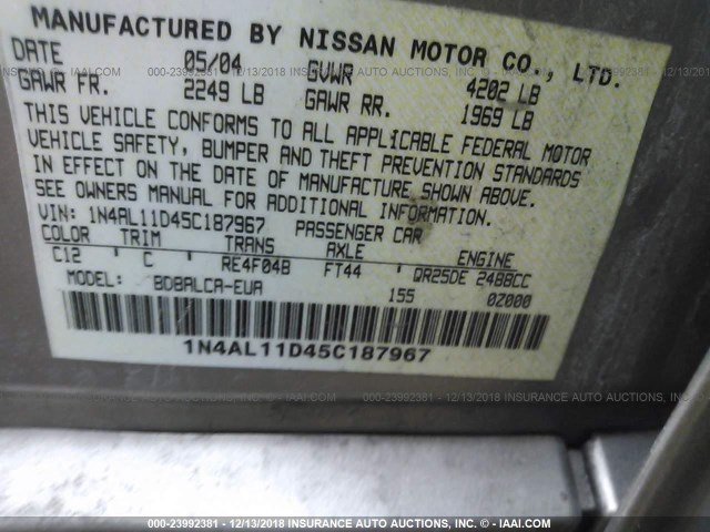 1N4AL11D45C187967 - 2005 NISSAN ALTIMA S/SL TAN photo 9