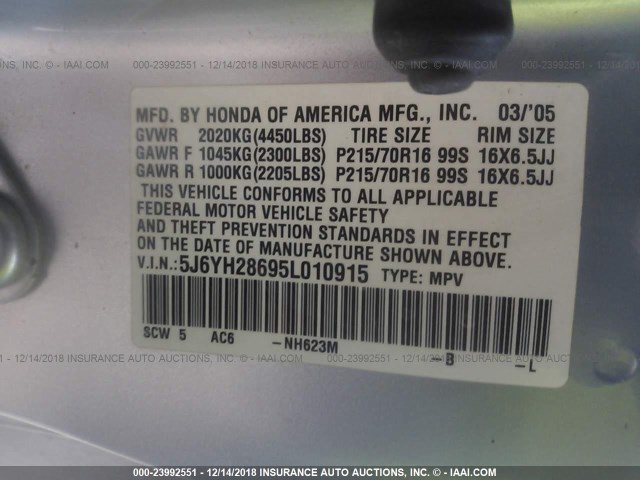 5J6YH28695L010915 - 2005 HONDA ELEMENT EX SILVER photo 9