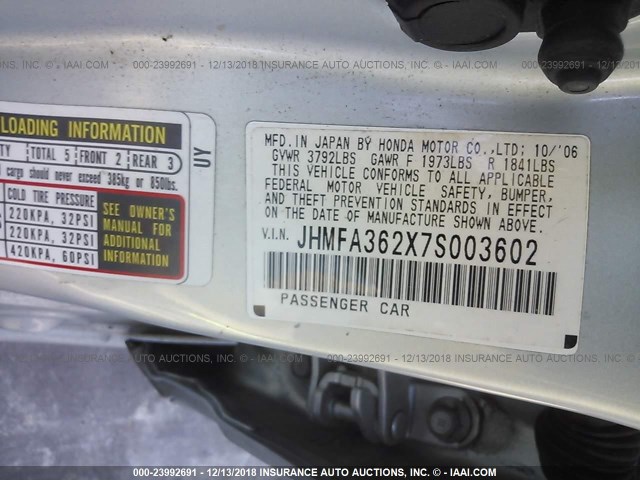 JHMFA362X7S003602 - 2007 HONDA CIVIC HYBRID BLUE photo 9