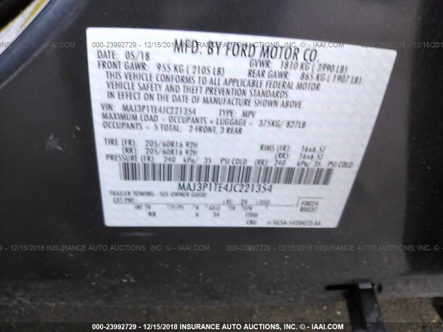 MAJ3P1TE4JC221354 - 2018 FORD ECOSPORT SE GRAY photo 9