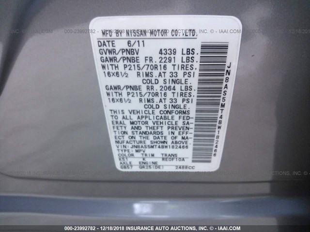 JN8AS5MT4BW182466 - 2011 NISSAN ROGUE S/SV/KROM GRAY photo 9