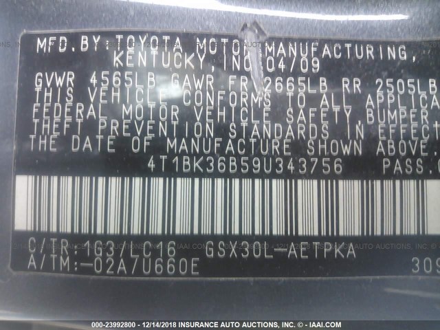 4T1BK36B59U343756 - 2009 TOYOTA AVALON XL/XLS/LIMITED GRAY photo 9