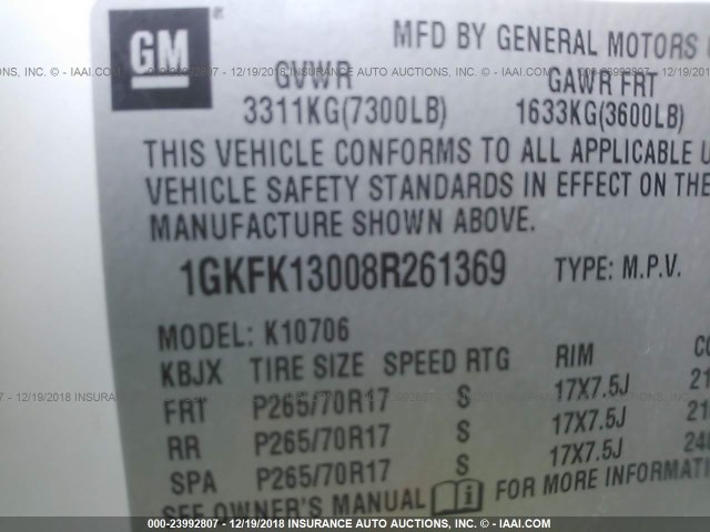 1GKFK13008R261369 - 2008 GMC YUKON WHITE photo 9