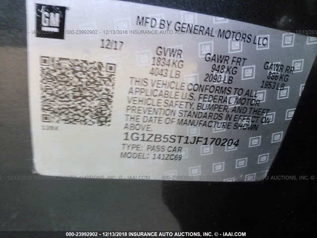 1G1ZB5ST1JF170204 - 2018 CHEVROLET MALIBU LS GRAY photo 9