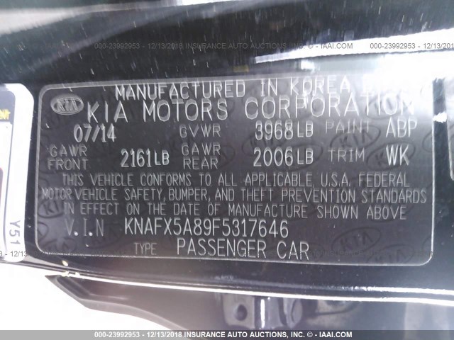 KNAFX5A89F5317646 - 2015 KIA FORTE EX BLACK photo 9