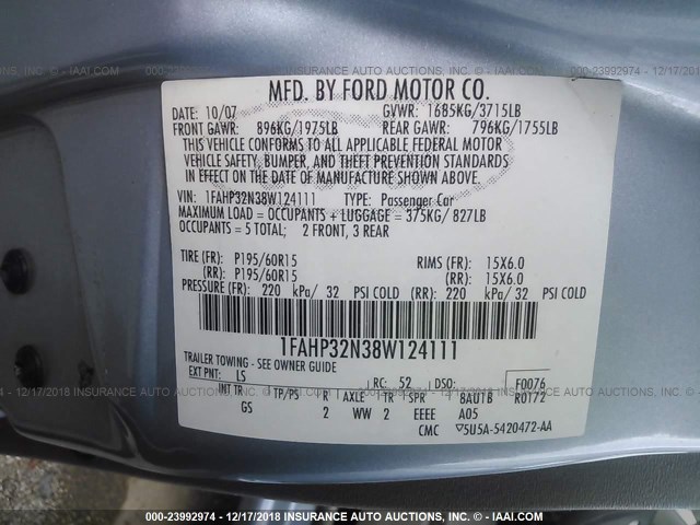 1FAHP32N38W124111 - 2008 FORD FOCUS S/SE BLUE photo 9