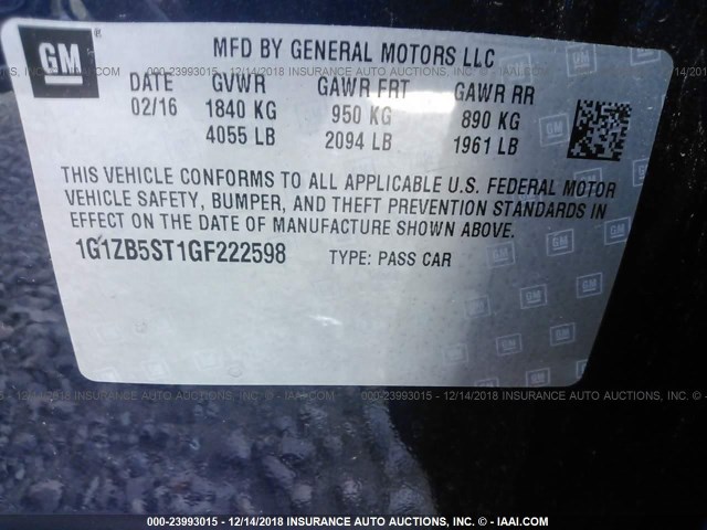 1G1ZB5ST1GF222598 - 2016 CHEVROLET MALIBU LS 蓝色 照片 9