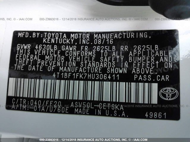 4T1BF1FK7HU306411 - 2017 TOYOTA CAMRY LE/XLE/SE/XSE WHITE photo 9