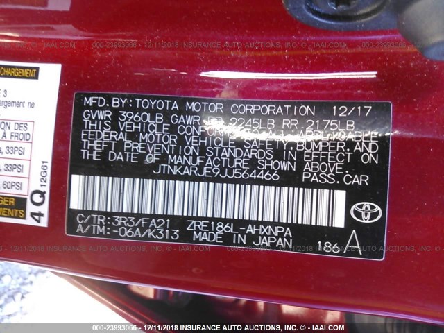 JTNKARJE9JJ564466 - 2018 TOYOTA COROLLA IM RED photo 9