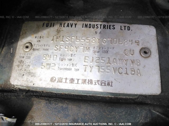 JF1SF6558YG706849 - 2000 SUBARU FORESTER S GREEN photo 9