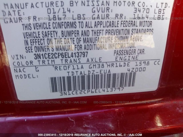 3N1CE2CP6EL413797 - 2014 NISSAN VERSA NOTE S/S PLUS/SV/SL RED photo 9