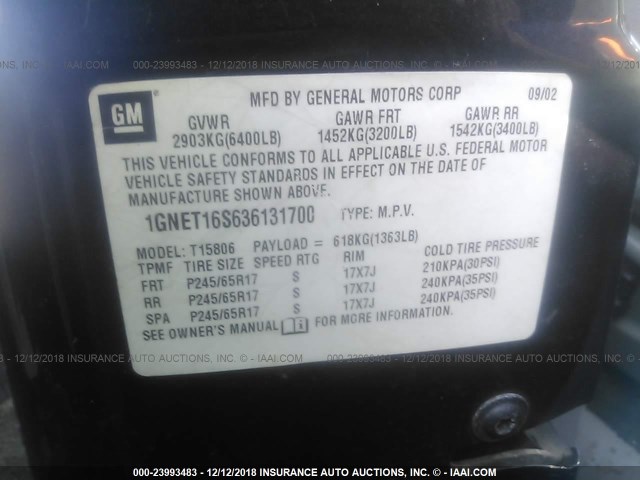 1GNET16S636131700 - 2003 CHEVROLET TRAILBLAZER EXT GRAY photo 9