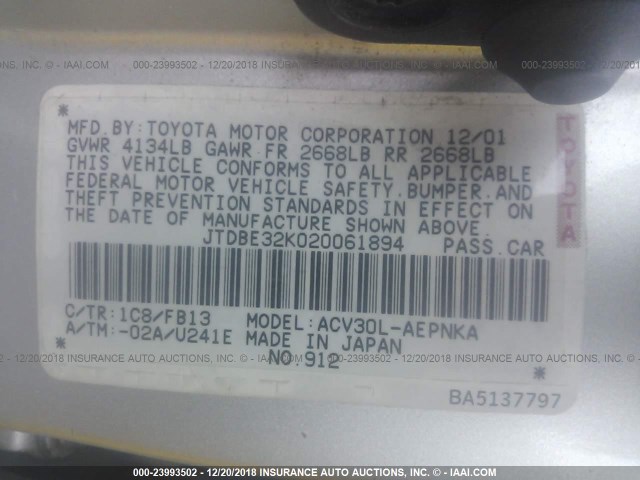 JTDBE32K020061894 - 2002 TOYOTA CAMRY LE/XLE/SE SILVER photo 9