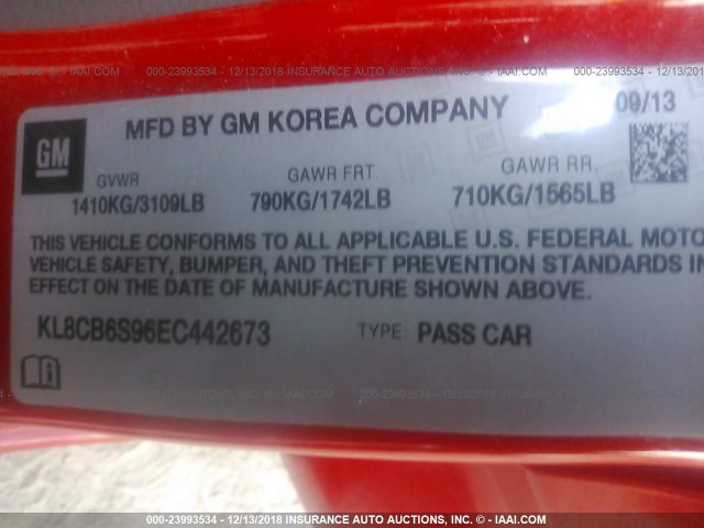 KL8CB6S96EC442673 - 2014 CHEVROLET SPARK LS RED photo 9