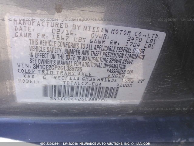 3N1CE2CP2GL385726 - 2016 NISSAN VERSA NOTE S/S PLUS/SV/SL/SR GRAY photo 9