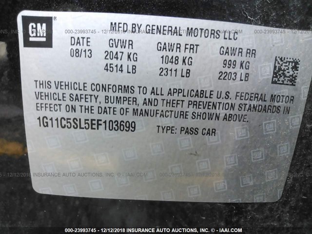 1G11C5SL5EF103699 - 2014 CHEVROLET MALIBU 1LT შავი ფოტო 9