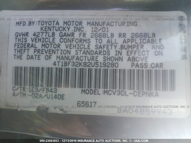 4T1BF32K82U519280 - 2002 TOYOTA CAMRY LE/XLE/SE GRAY photo 9