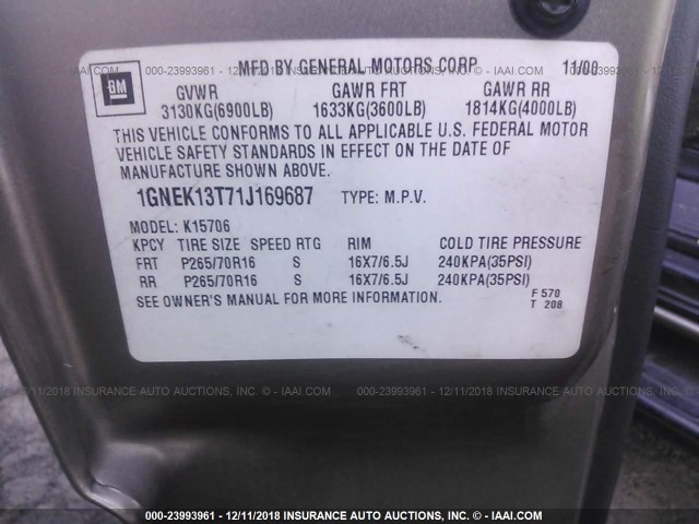 1GNEK13T71J169687 - 2001 CHEVROLET TAHOE K1500 GRAY photo 9