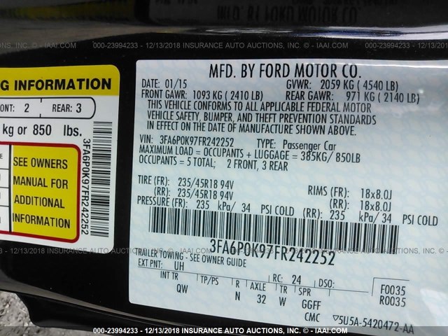 3FA6P0K97FR242252 - 2015 FORD FUSION TITANIUM BLACK photo 9