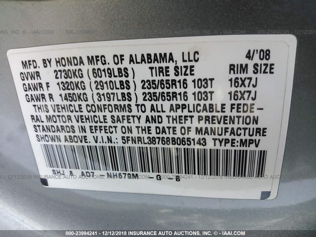 5FNRL38768B065143 - 2008 HONDA ODYSSEY EXL Light Blue photo 9