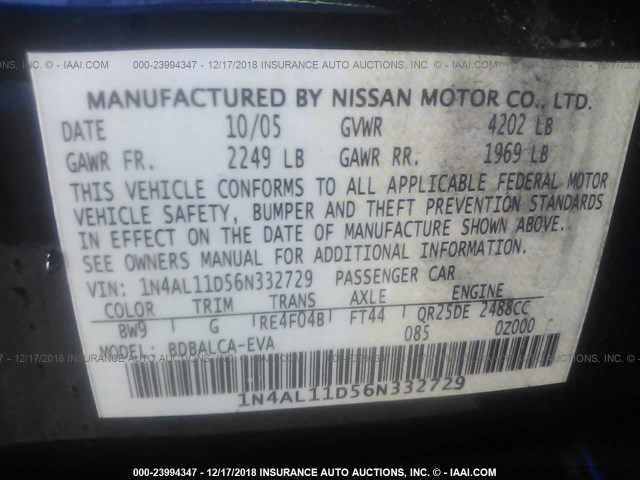 1N4AL11D56N332729 - 2006 NISSAN ALTIMA S/SL BLUE photo 9