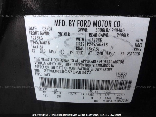 2FMDK39C57BA83472 - 2007 FORD EDGE SEL PLUS BLACK photo 9