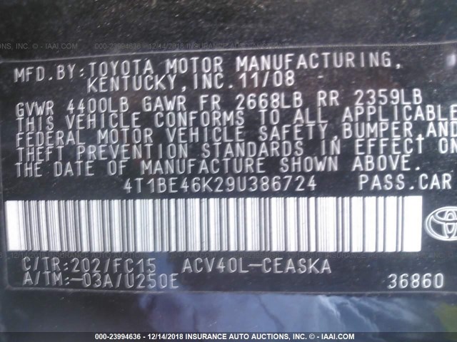 4T1BE46K29U386724 - 2009 TOYOTA CAMRY SE/LE/XLE BLACK photo 9